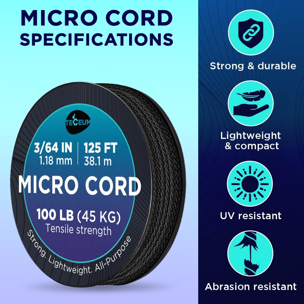 Teceum Micro Paracord - Black - 1.18 Mm X 125 Ft - Micro Utility Cord - Thin Braided Paracord Rope Nylon Polyester - Wind Chime