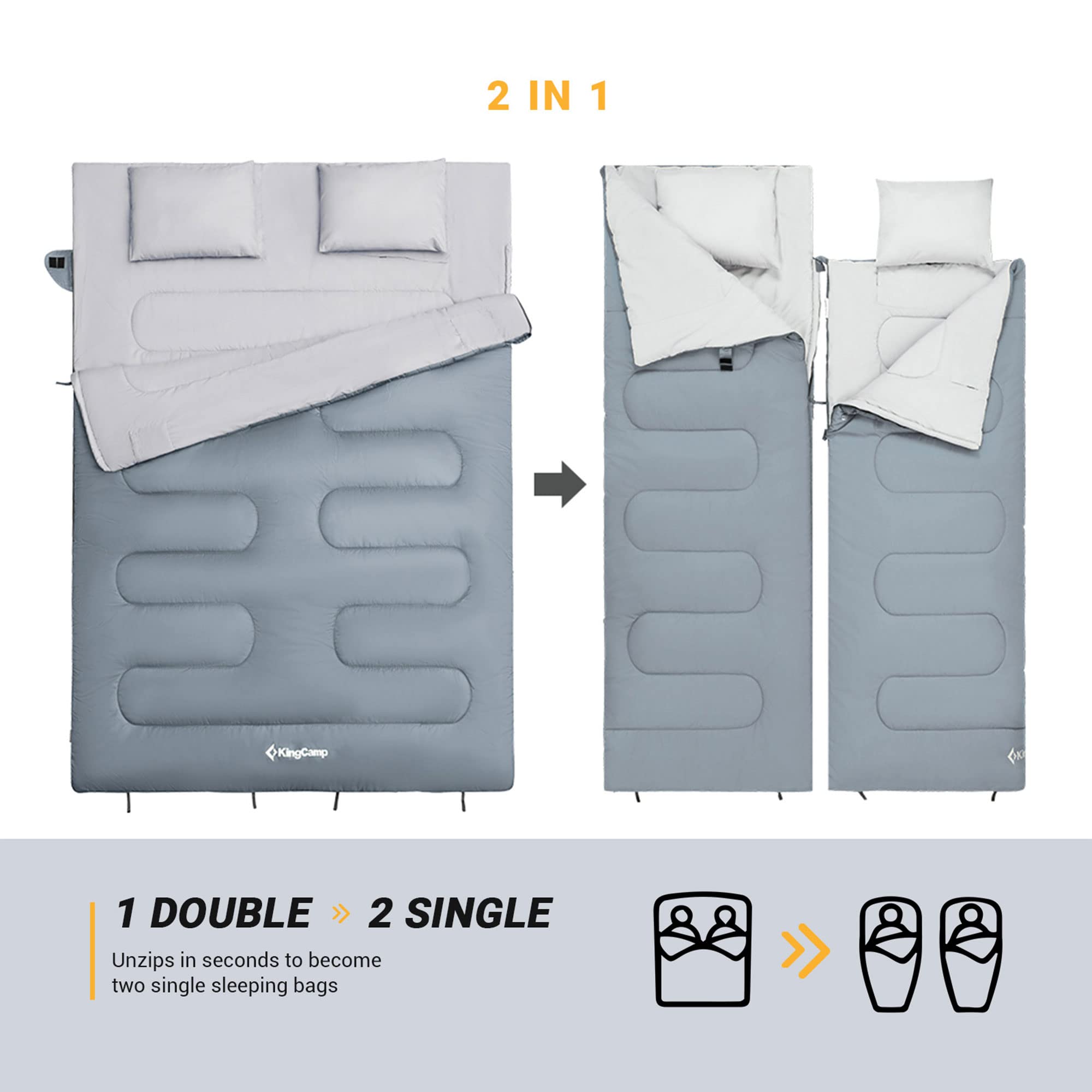 Kingcamp 87 X 59 Inch 2 Person Waterproof Cold Weather Family Warm Sleeping Bag For Adults With 2 Pillows For Winter Camping And
