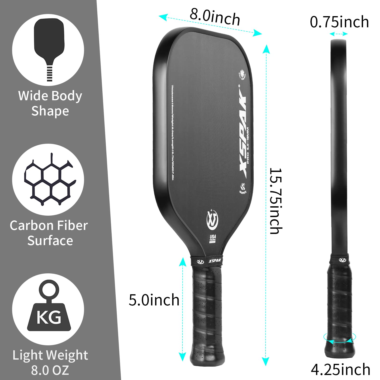 Xs Xspak Carbon Fiber Pickleball Paddle - Tournament Edition - World Champion Surface Technology Options Pickleball Racket - Usa