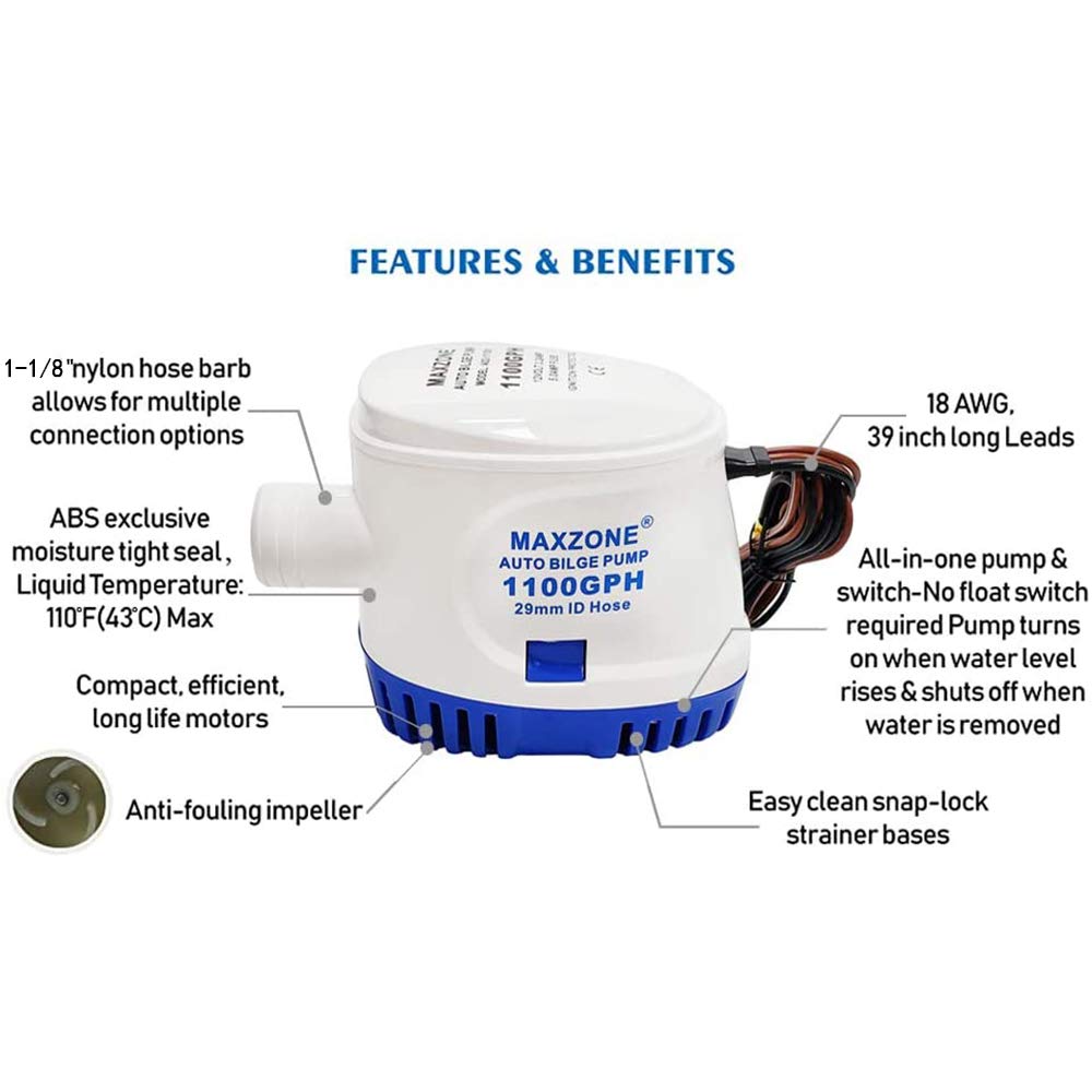 Maxzone Automatic Submersible Boat Bilge Water Pump 12V 1100Gph Auto With Float Switch (Blue - Automatic)