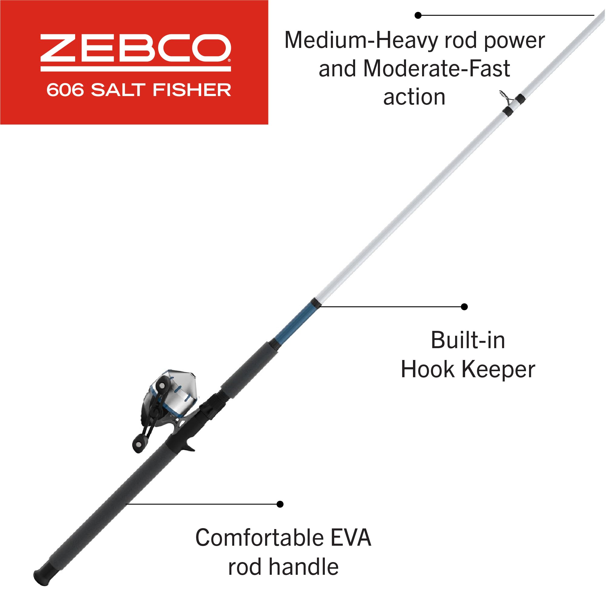 Zebco 606 Salt Fisher Spincast Reel and Fishing Rod Combo, 7-Foot 2-Piece Telescopic Rod, Med-Heavy Power, Mod-Fast Action, Size