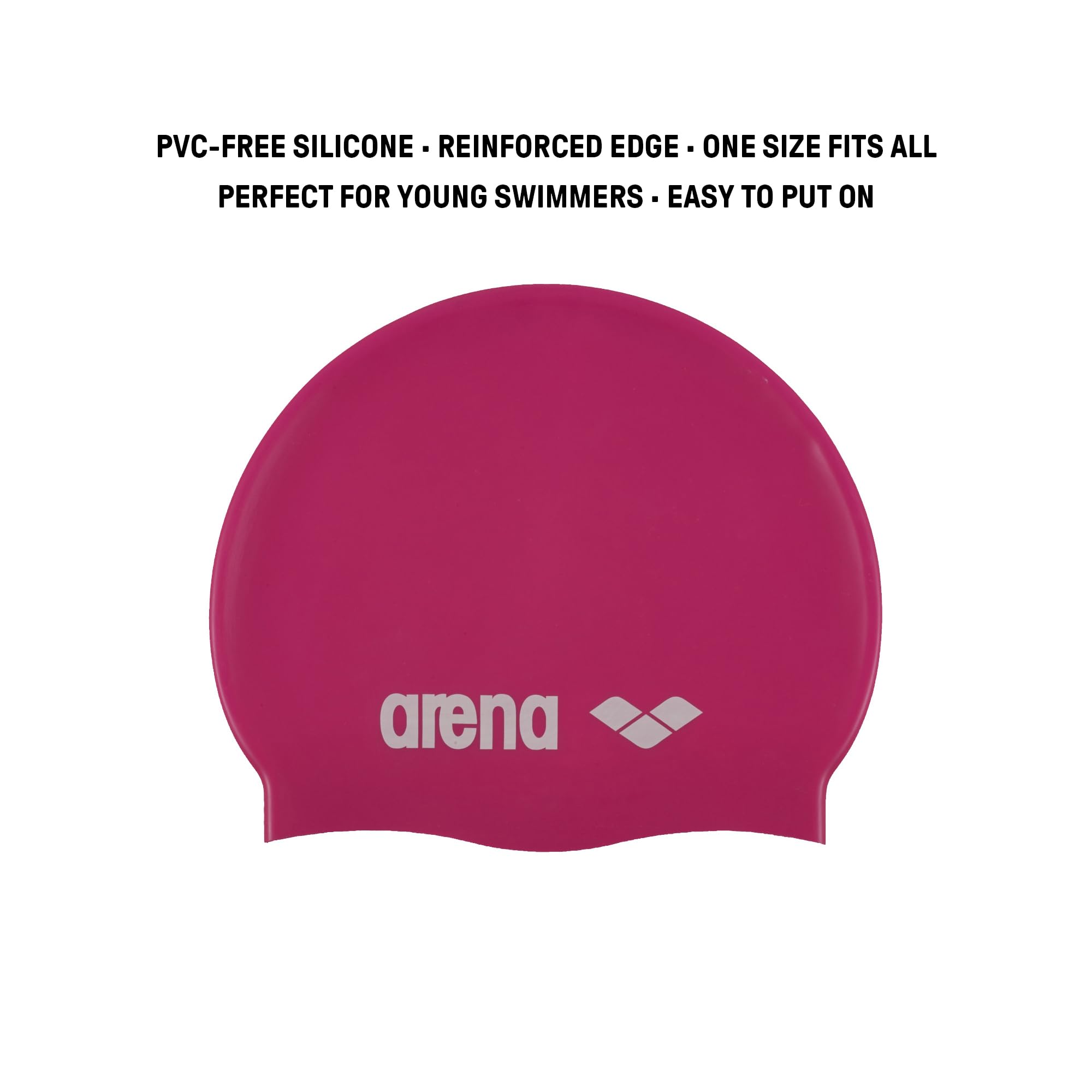 Arena Classic Junior Silicone Unisex Swim Cap For Girls And Boys Comfortable Durable Kids Pool Bathing Cap, One Size, Fuchsia/Wh