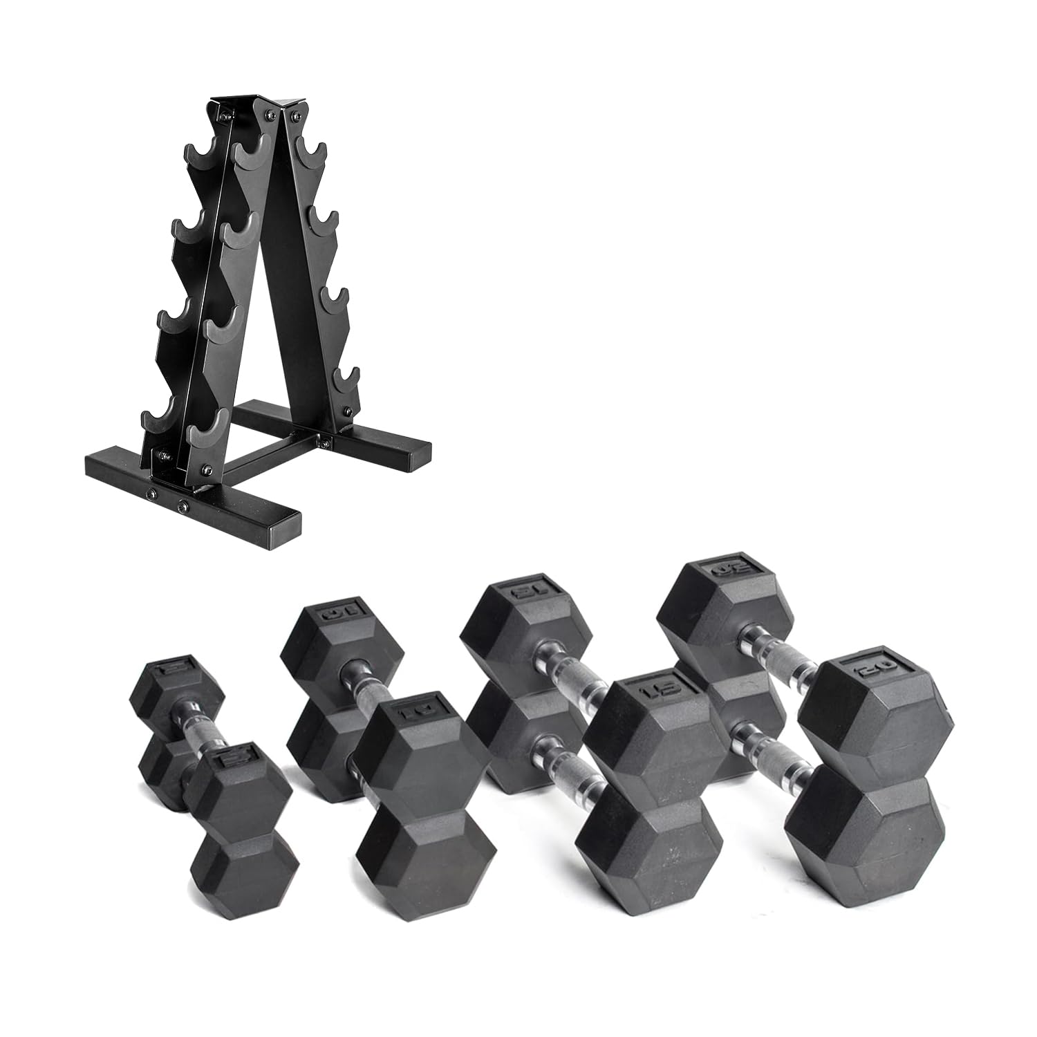 CAP Barbell 100 LB Rubber Coated Hex Dumbbell Hand Weight Set with Vertical Storage Rack | Black