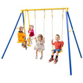 HONEY JOY Swing Sets for Backyard, Heavy Duty Metal A-Frame Swing Stand w/ 2 Belt Swings & Glider, Ground Stakes, Playground Swi