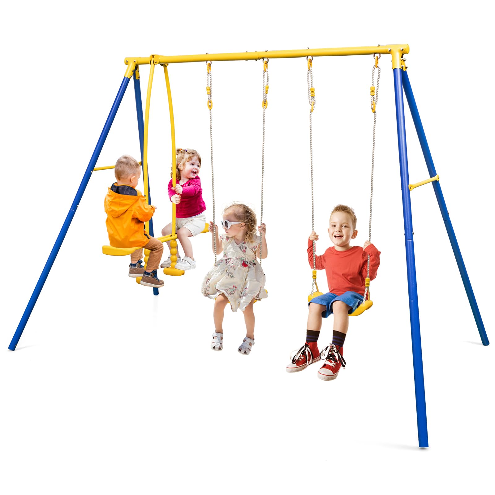 HONEY JOY Swing Sets for Backyard, Heavy Duty Metal A-Frame Swing Stand w/ 2 Belt Swings & Glider, Ground Stakes, Playground Swi