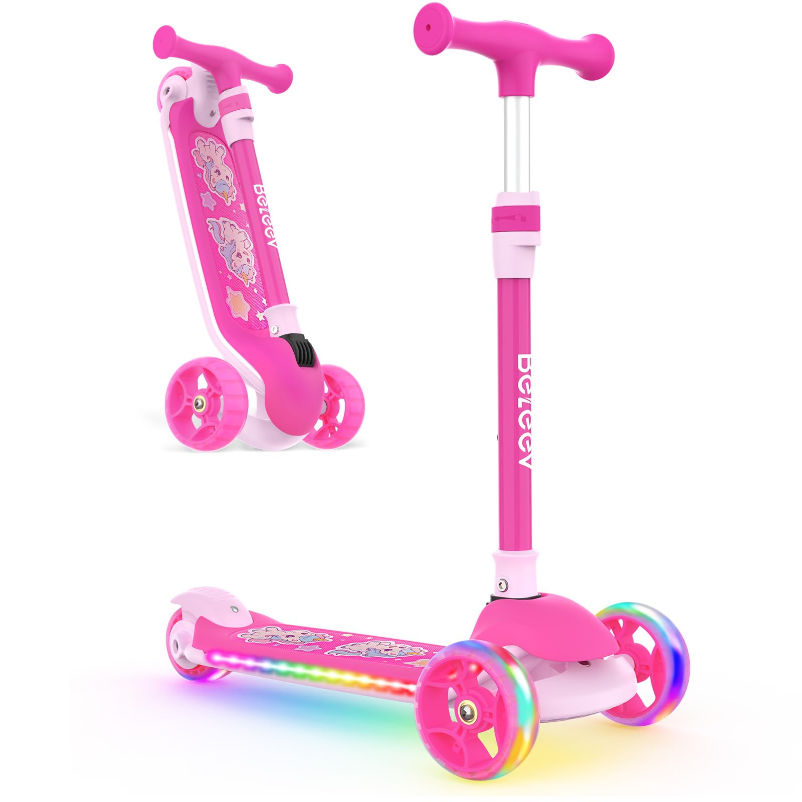 BELEEV Kids Scooter with LED Light-Up Wheels & Deck, 3 Wheel Folding Scooter for Toddlers Girls Boys Ages 3-12, Adjustable Handl