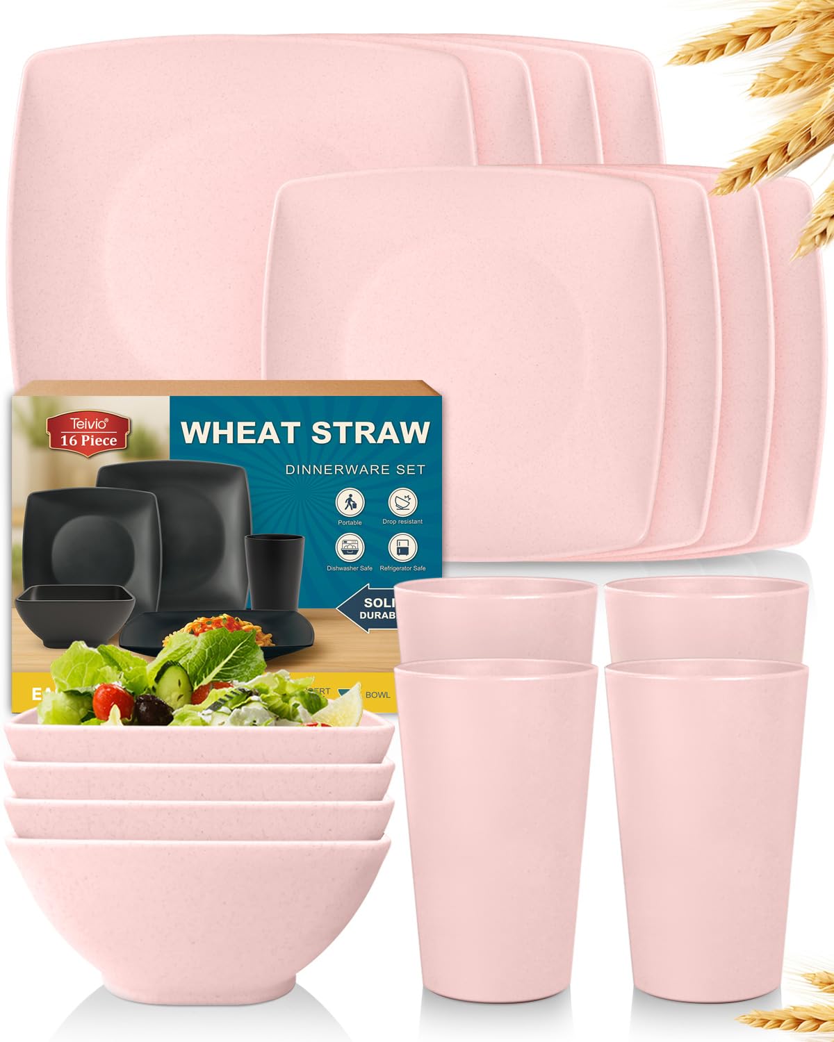 Teivio 16-piece Plastic Wheat Straw Square Dinnerware Set for 4, Unbreakable Dinner Plates, Salad Plates, Snack Bowls, Tumblers 