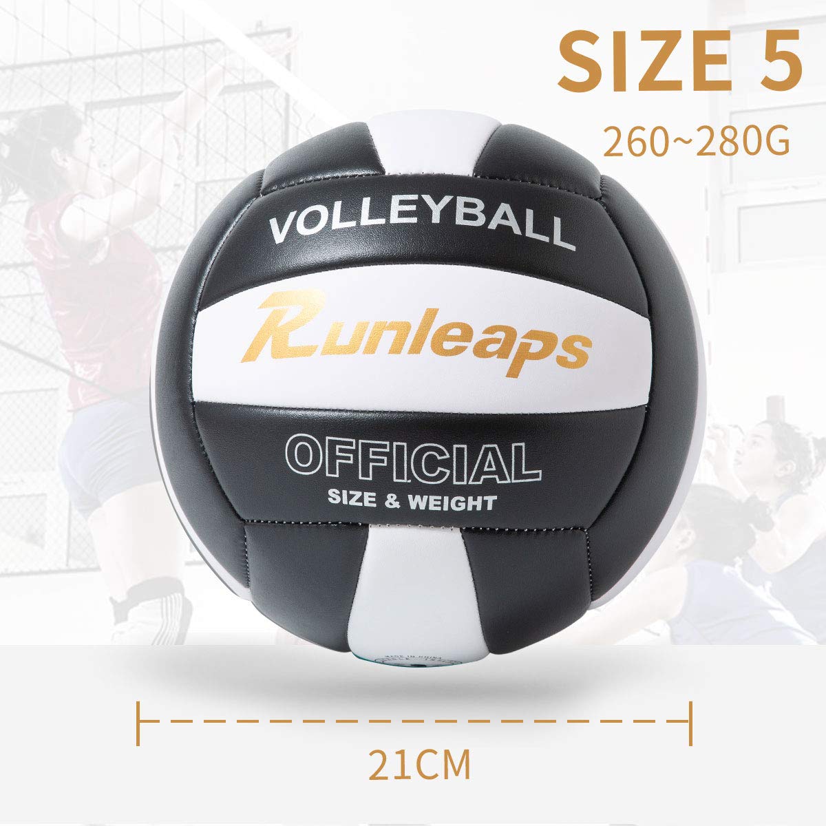 Runleaps Volleyball Waterproof Indoor Outdoor Volleyball For Beach Game Gym Training Official Size 5 (Blackwhite)
