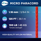 Teceum Micro Paracord - Red (Fire) - 1.18 Mm X 125 Ft - Micro Utility Cord - Thin Braided Paracord Rope Nylon Polyester - Wind C