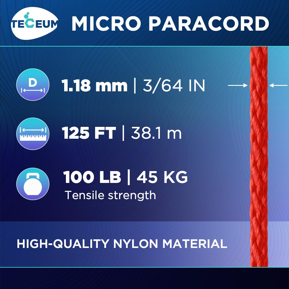 Teceum Micro Paracord - Red (Fire) - 1.18 Mm X 125 Ft - Micro Utility Cord - Thin Braided Paracord Rope Nylon Polyester - Wind C