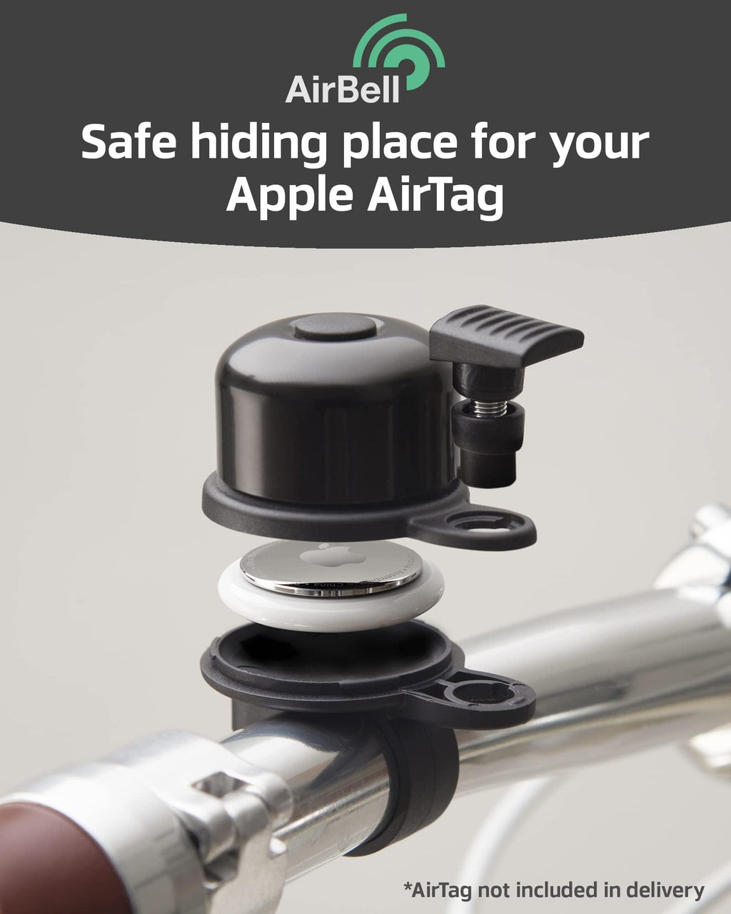 Airbell Bicycle Bell For Apple Airtag 31.8 Mm Diameter - Hidden Mount In Bell - Bicycle Anti-Theft - Includes Tools