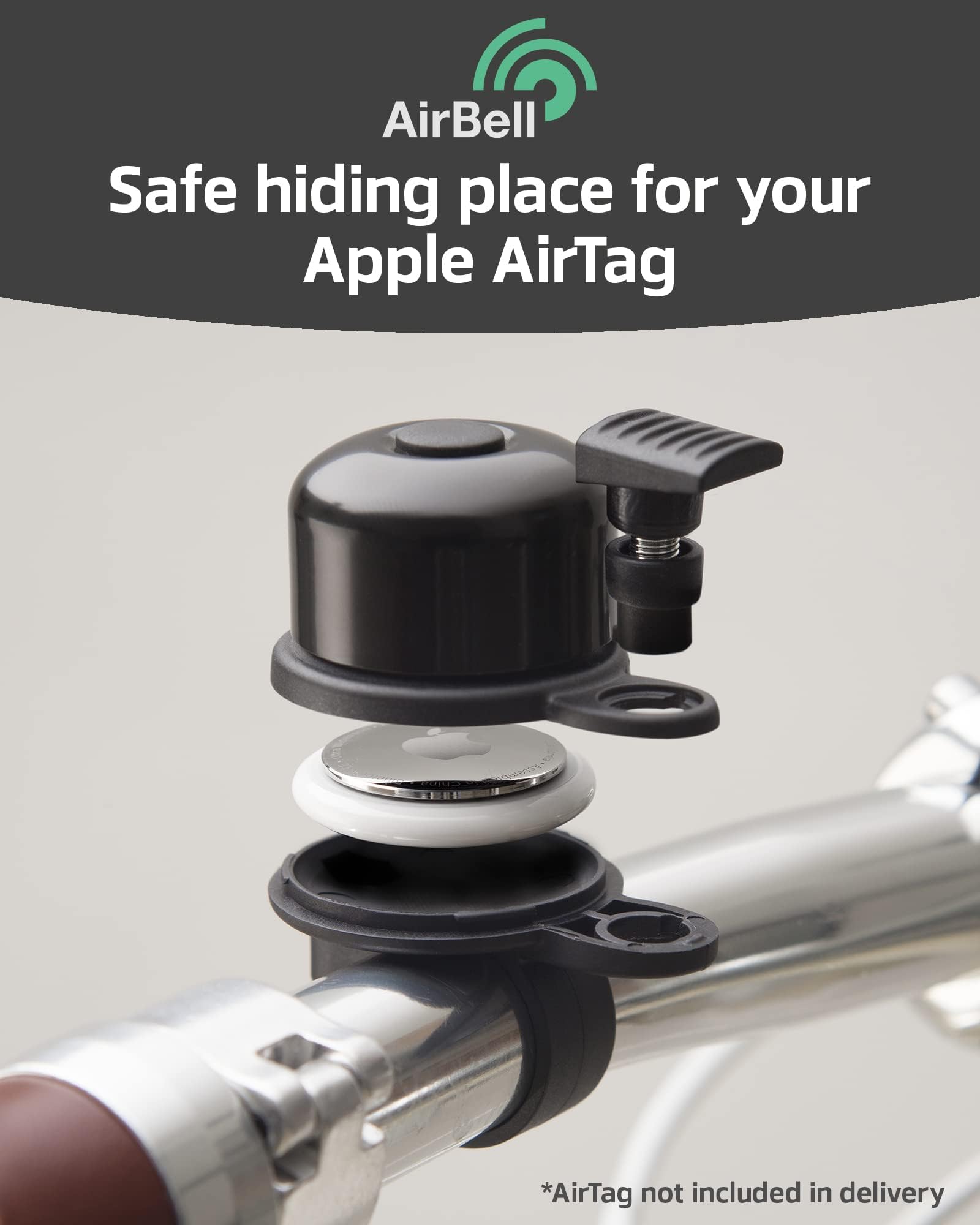 Airbell Bicycle Bell For Apple Airtag 31.8 Mm Diameter - Hidden Mount In Bell - Bicycle Anti-Theft - Includes Tools