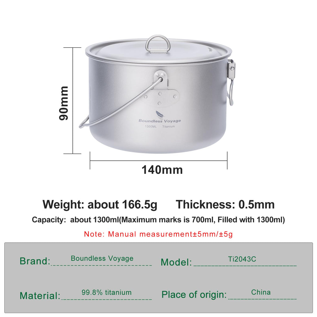 Ibasingo 1300Ml Outdoor Titanium Pot With Lid Folding Handle Camping Hiking Picnic Ultralight Bowl Tableware Only 166.5G Ti2043C