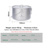 Ibasingo 1300Ml Outdoor Titanium Pot With Lid Folding Handle Camping Hiking Picnic Ultralight Bowl Tableware Only 166.5G Ti2043C