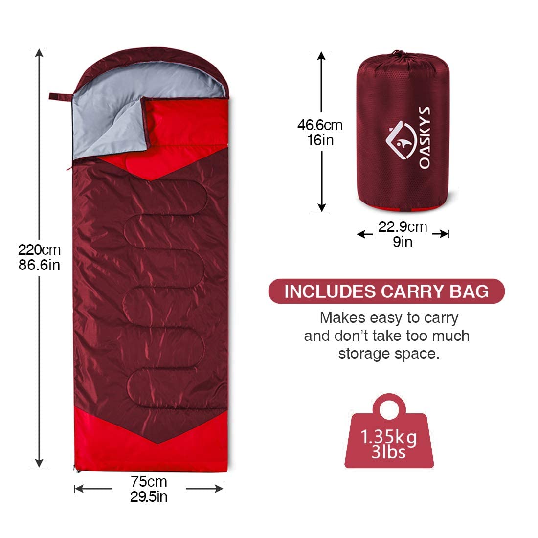 Oaskys Camping Sleeping Bag - 3 Season Warm & Cool Weather - Summer Spring Fall Lightweight Waterproof For Adults Kids - Camping