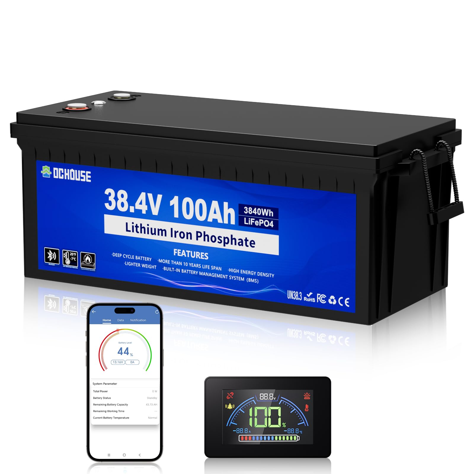 DC HOUSE 36V 100AH Golf Cart Lithium Battery with Switch, 200ABMS, Bluetooth APP & LCD Monitor, Peak Current 670A, Low Temp Prot