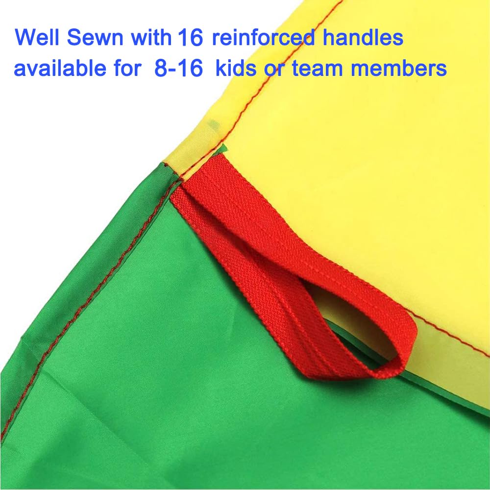 Amyese 10Ft Rainbow Parachute With 16 Handles For Kids Outdoor Party Games, Team Building Play Parachute Group Cooperative Team