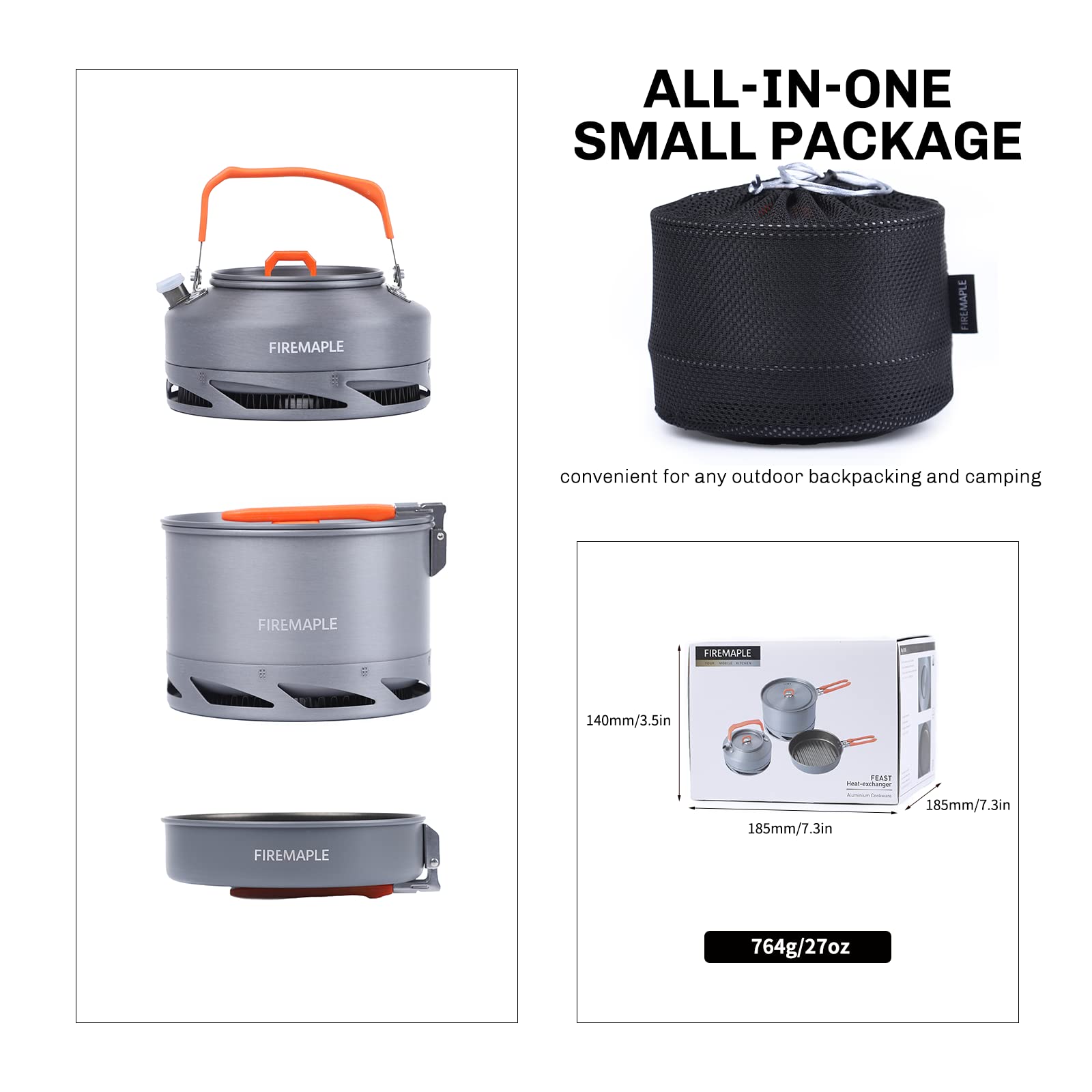 Fire-Maple Feast Heat Exchanger Set | Compact Camping Cooking Set | Nested Design | Contain With A Pot, Kettle And Non-Stick Fry