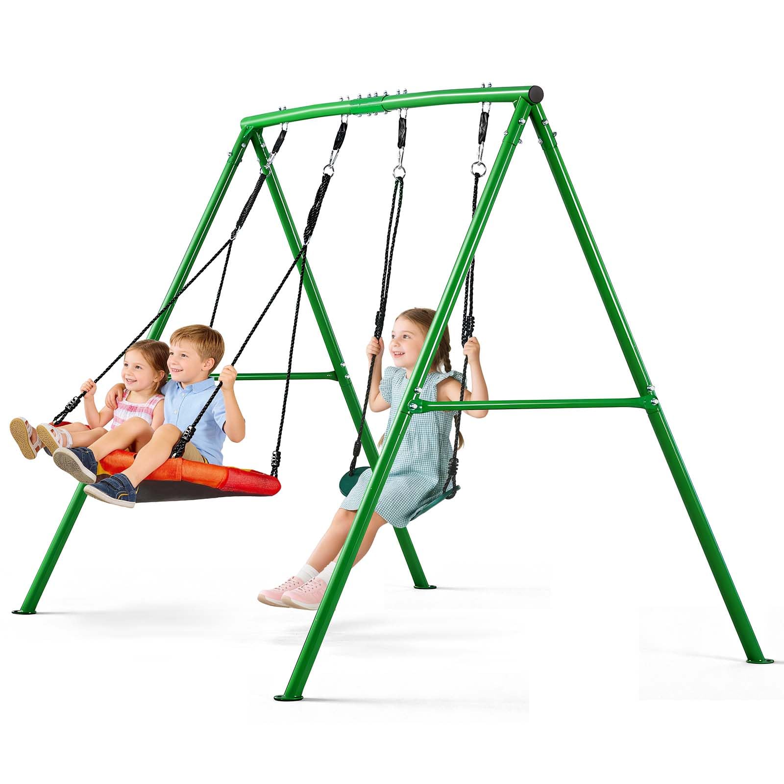 VEVOR Swing Set for Backyard, 32 in Saucer Swing Seat and Belt Seat, with Heavy Duty A-Frame Metal Stand, 440 lbs Load Capacity,