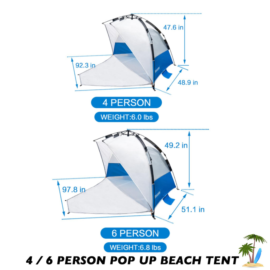 Mansader Easy Pop Up Beach Tent For 3-4 People, Automatic Setup Beach Shelter With Upf 50+ And 3 Ventilation Windows, Portable S