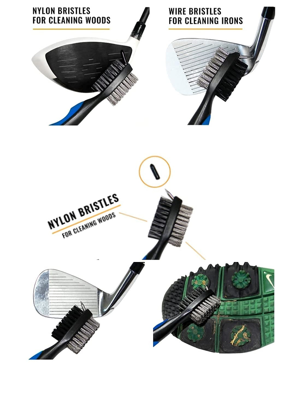 Sportsgenics Golf Brush (Pack Of 2) With A Golf Club Groove Sharpener - Double Sided Golf Club Cleaner - 6 Head Golf Groove Shar