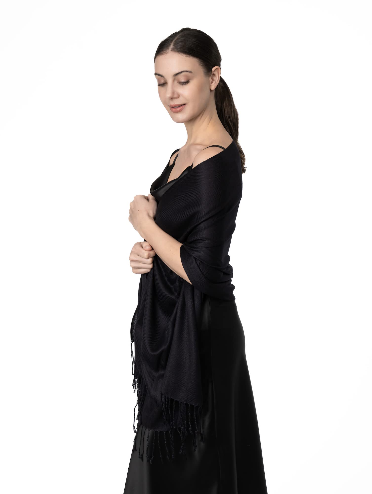 Achillea Large Soft Silky Pashmina Shawl Wrap Scarf In Solid Colors (Black)