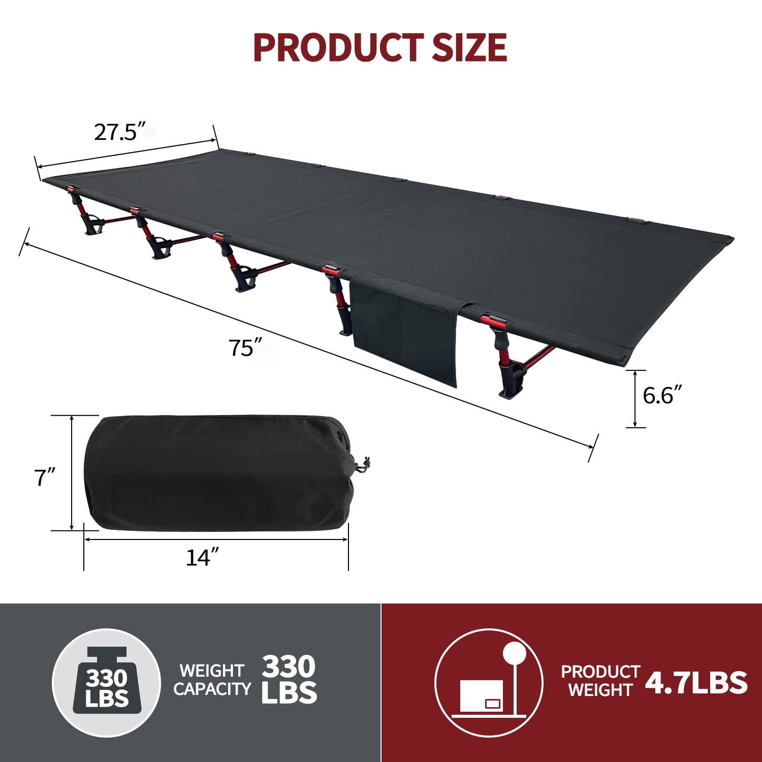 Sutekus Portable Camping Cot Sleeping Cot Ultralight Backpacking Cot Bed For Outdoor Hiking Travel Beach Mountaineering (Black)