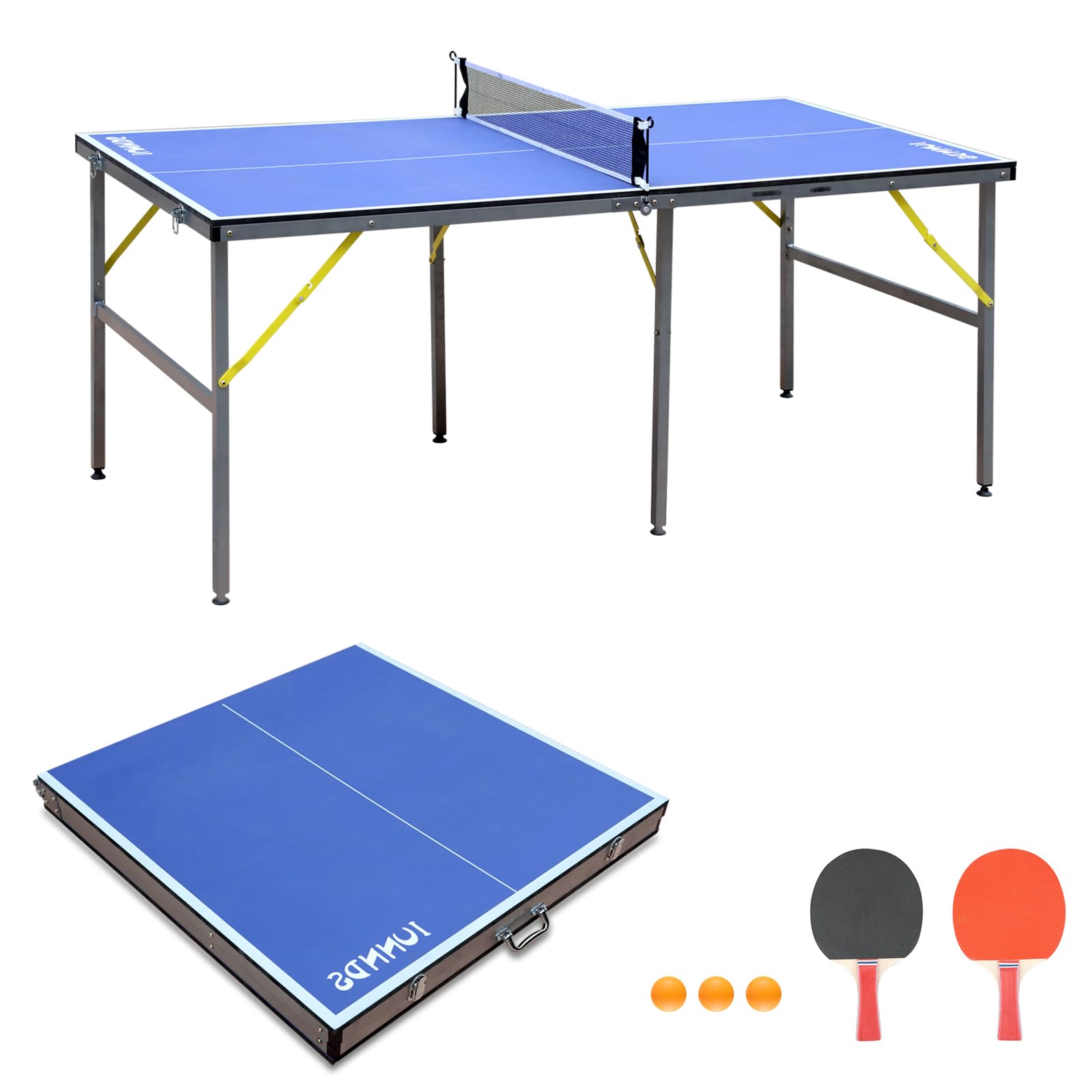 Iunnds 6X3Ft Mid-Size Table Tennis Tables - Indoor/Outdoor Portable Ping Pong Table Game For Adults/Teens,With Net,2 Table Tenni
