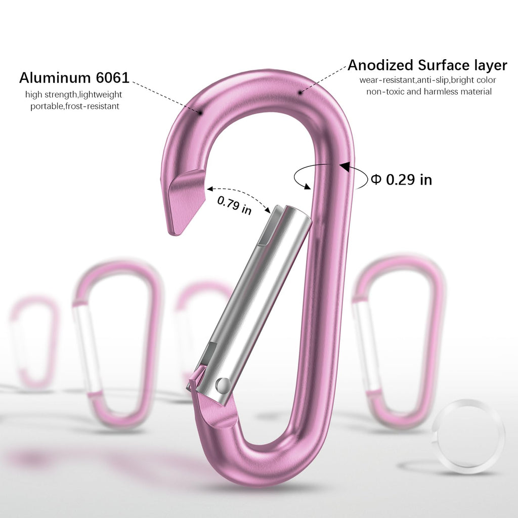 Sprookber 3'' Aluminum Carabiner D Ring, Caribeenerclips, Spring Snap Hookfor Keychain Clip,Set Of 10 (Pink)
