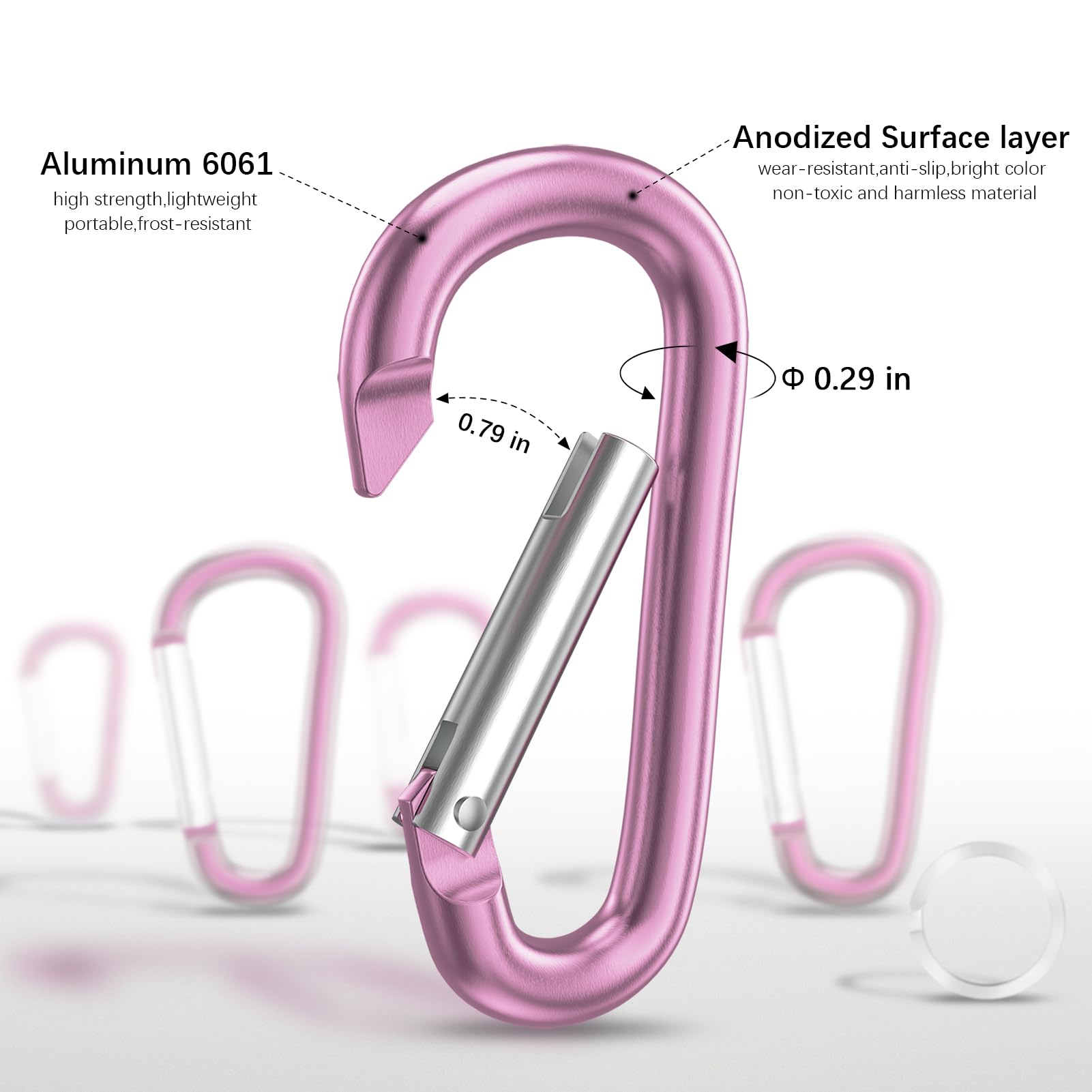 Sprookber 3'' Aluminum Carabiner D Ring, Caribeenerclips, Spring Snap Hookfor Keychain Clip,Set Of 10 (Pink)