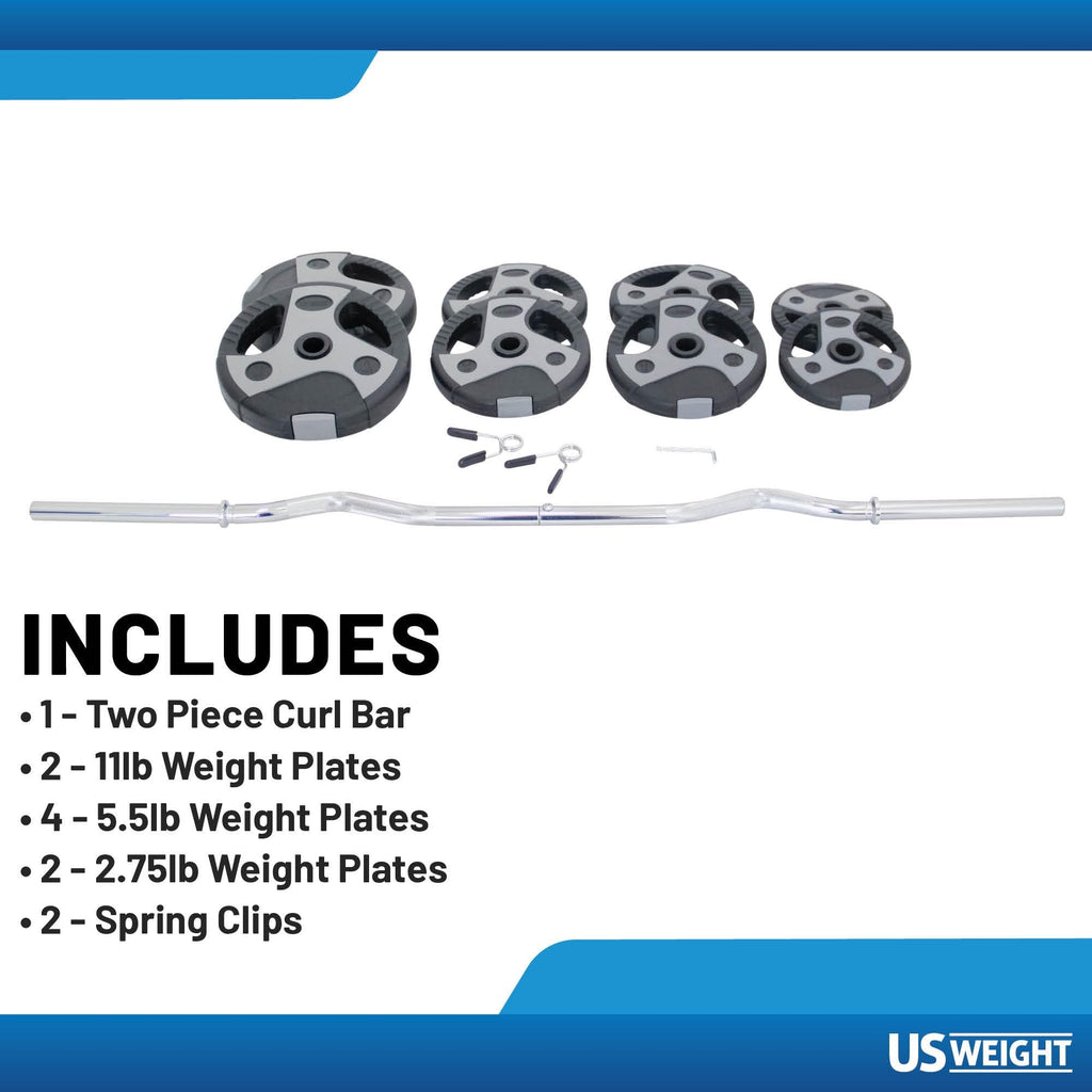 US Weight 60lb Curl Bar Weight Set with Spring Clips - Adjustable Workout Set for Home Gym - Ideal Exercise Equipment for Full-B
