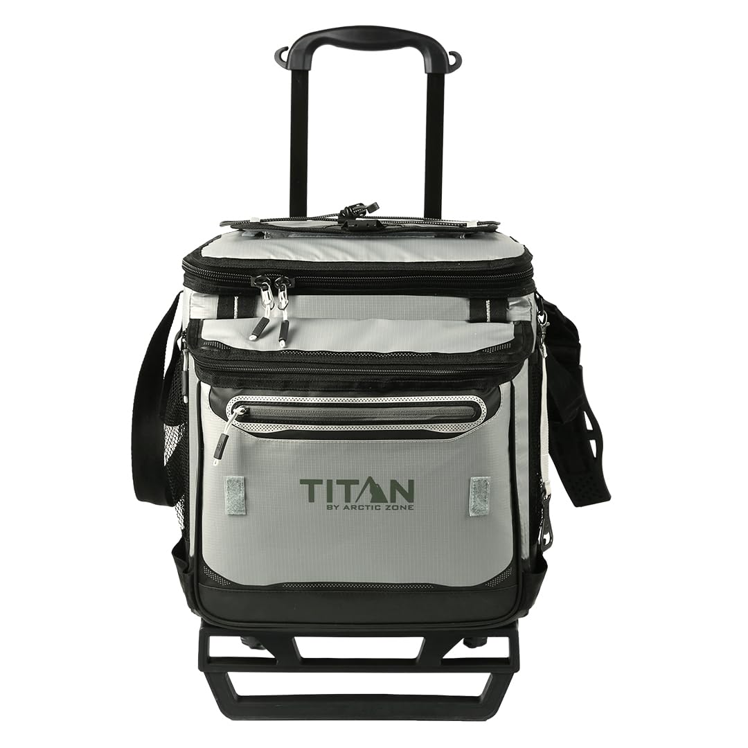 Titan Deep Freeze 60 (50+10) Can Wheeled Cooler - Collapsible Rolling Cooler with Wheels and All-Terrain Cart, Seagrass
