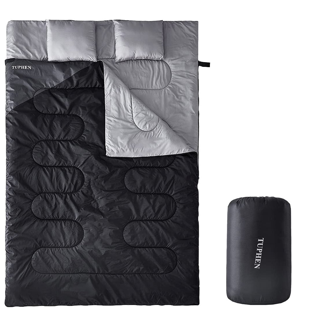 Tuphen Double Sleeping Bag With 2 Pillows, Queen Size Xl Bag For 2 People, Cold Warm Weather- 3 Seasons, Waterproof Adults Sleep