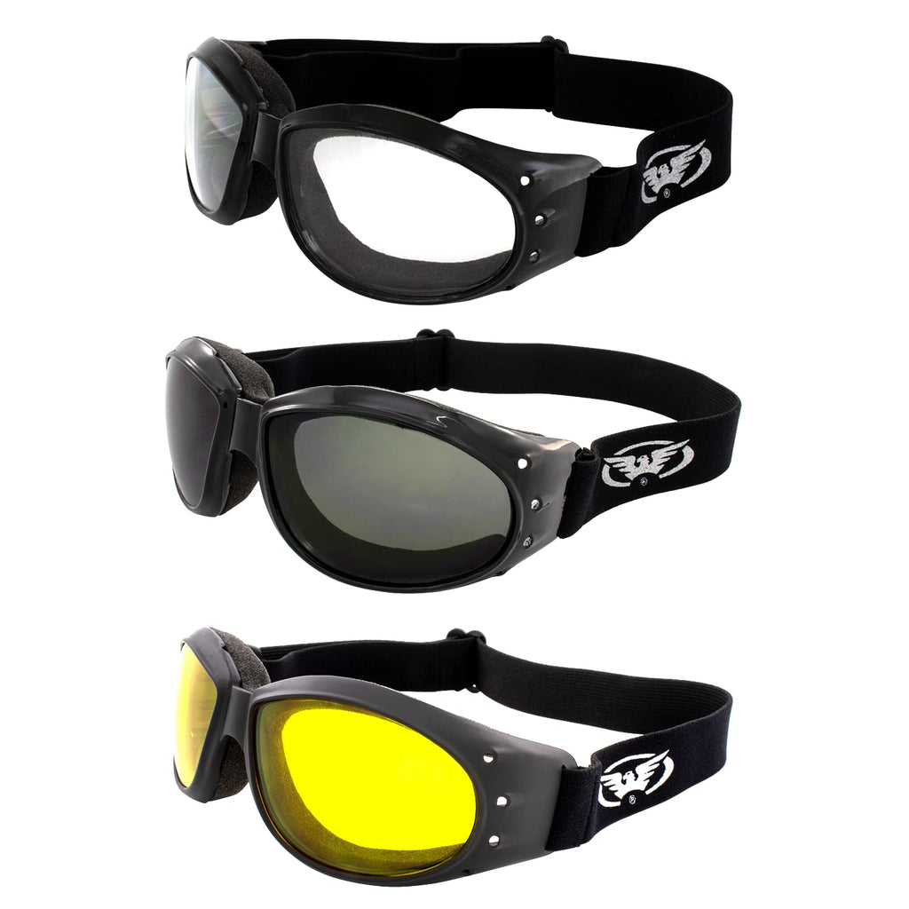 Global Vision Eliminator Padded Motorcycle Dirt Bike Riding Goggles Bundle For Day & Night (Clear-Smoke-Yellow)