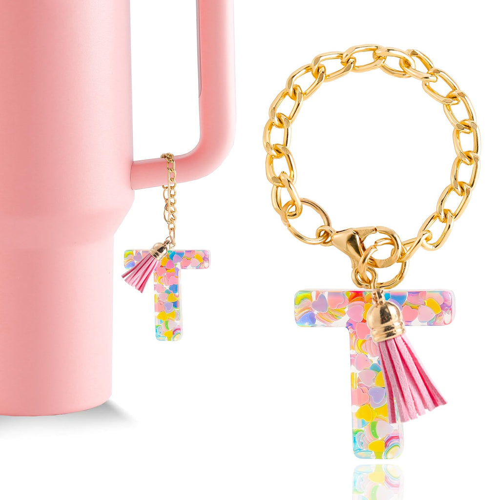 Letter Charm Accessories for Stanley Cup 1 PCS Cute Initial Keychain Handle Charm for Stanley Tumbler for Women Pink Letter T