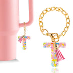 Letter Charm Accessories for Stanley Cup 1 PCS Cute Initial Keychain Handle Charm for Stanley Tumbler for Women Pink Letter T