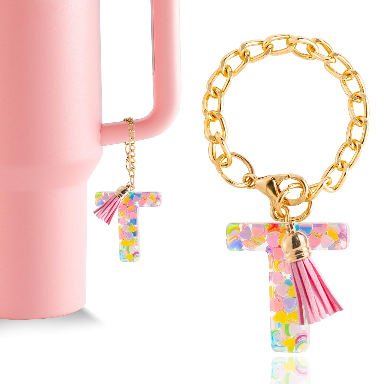 Letter Charm Accessories for Stanley Cup 1 PCS Cute Initial Keychain Handle Charm for Stanley Tumbler for Women Pink Letter T