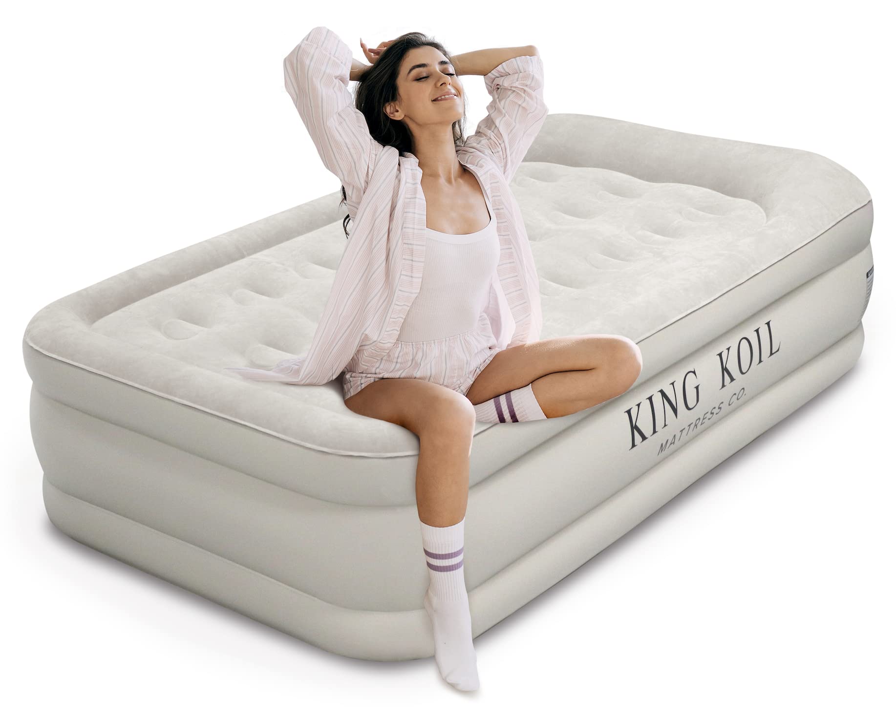 King Koil Twin Air Mattress With Built-In Pump - Double High Elevated Raised Airbed For Guests With Comfortable Top Inflatable B
