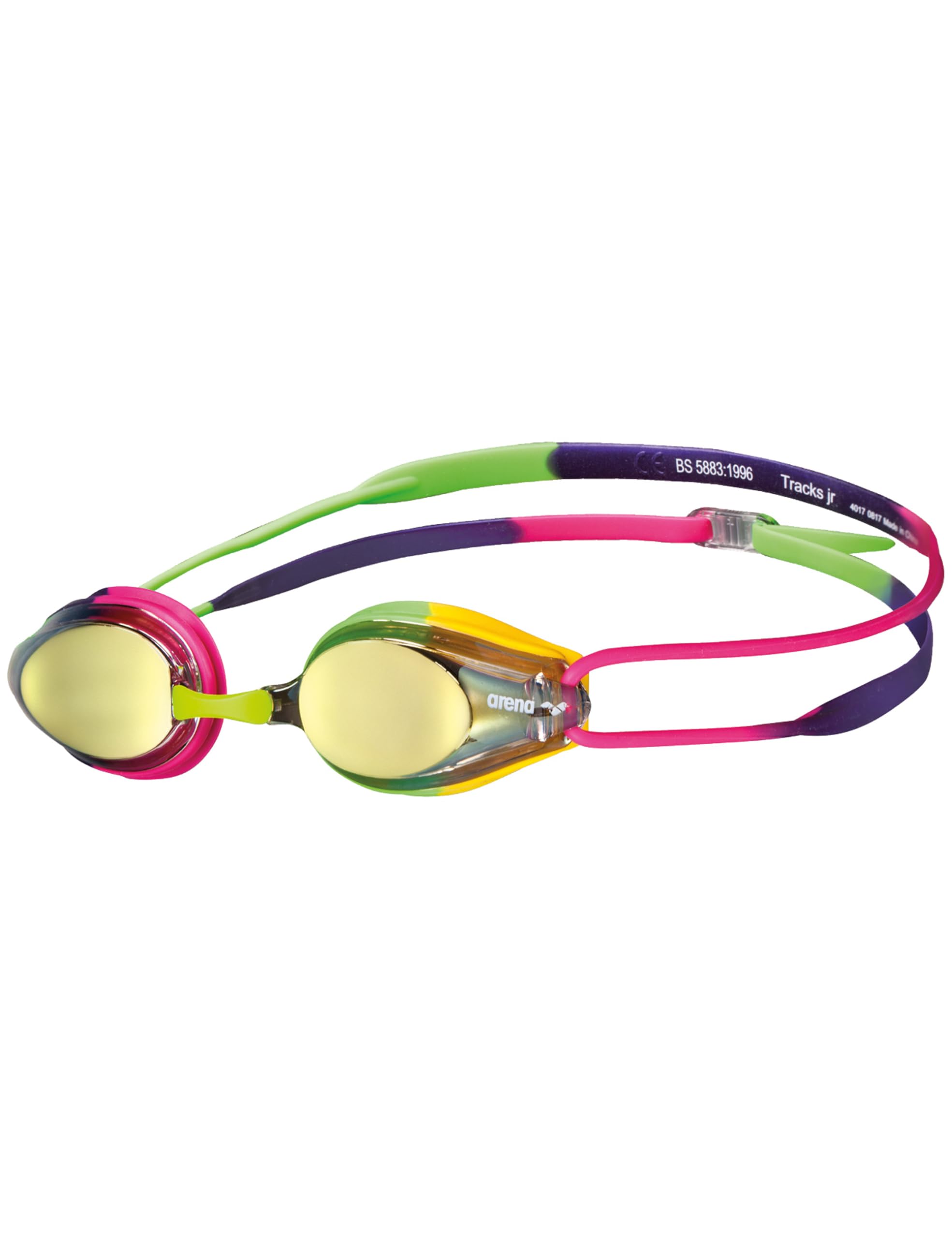 Arena Tracks Jr Youth Swim Goggles, Violet/Fuchsia/Green, Mirror Lens