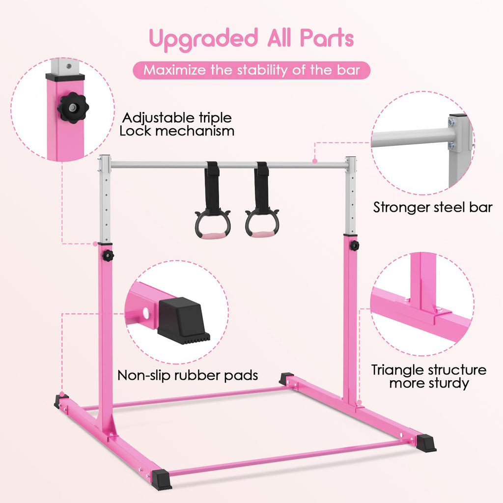 Safly Fun Gymnastics Bar For Kids Ages 3-15 For Home - Steady Steel Construction, Anti-Slip, Easy To Assemble, 3' To 5' Adjustab