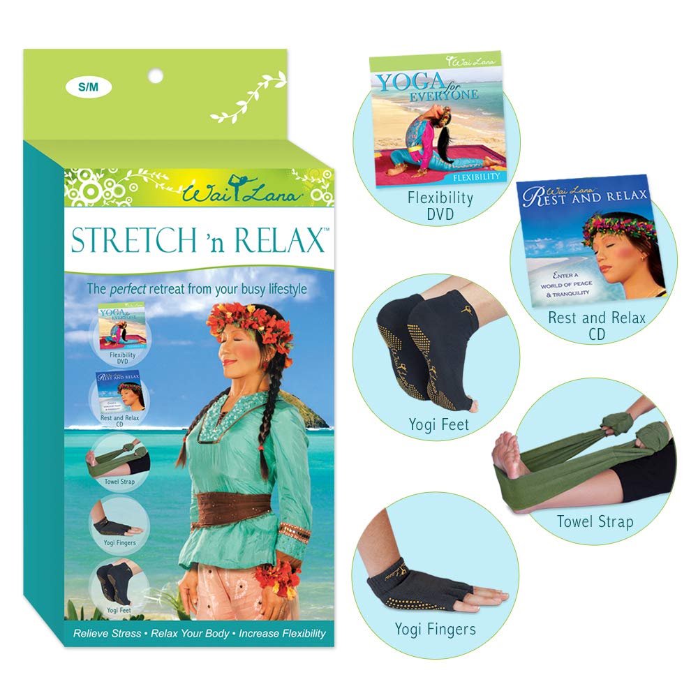 Wai Lana Stretch 'N Relax Yoga Kit | Kit Includes Flexibility Dvd, Rest & Relax Cd, Towel Strap, Yogi Fingers, Yogi Feet | Relie