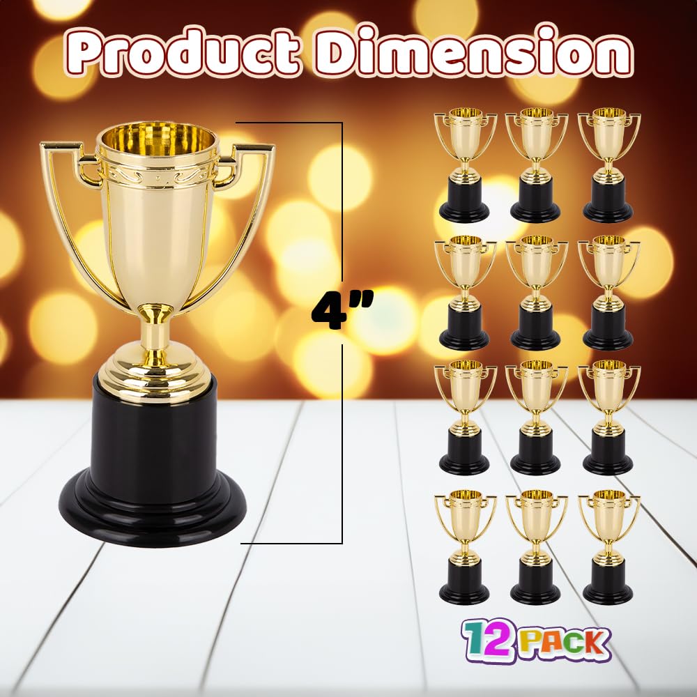 Artcreativity Gold Plastic Trophies For Kids - Pack Of 12 Golden Colored Trophy Set - 4 Inch Award Cups For Football, Soccer, Ba
