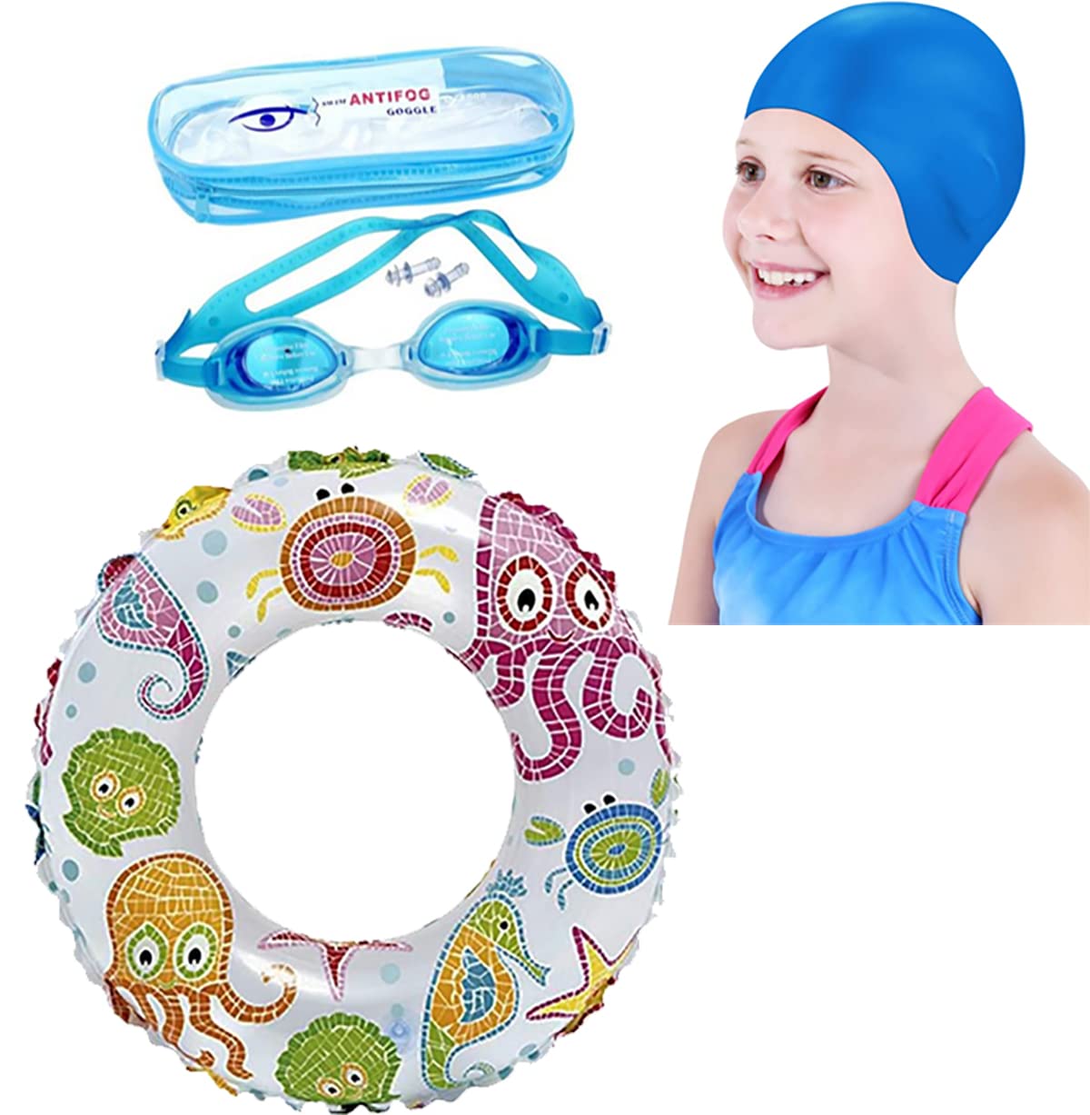 Fancydresswale Swimming Set for Kids with Swimming Goggles, Cap and Swim Ring, Random Colors and Design; Suitable of 36 Years (