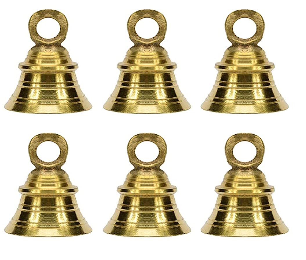 Uapan Brass Hanging Bell For Home, Temple Decoration With J Hook Medium (2.5 Inch, Pack Of 6)