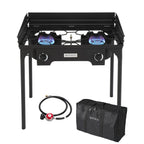 Rovsun 2 Burner Outdoor Camping Stove With Wind Panel & Carrying Bag, 150,000 Btu Propane Burner, Gas Cooker With Detachable Leg