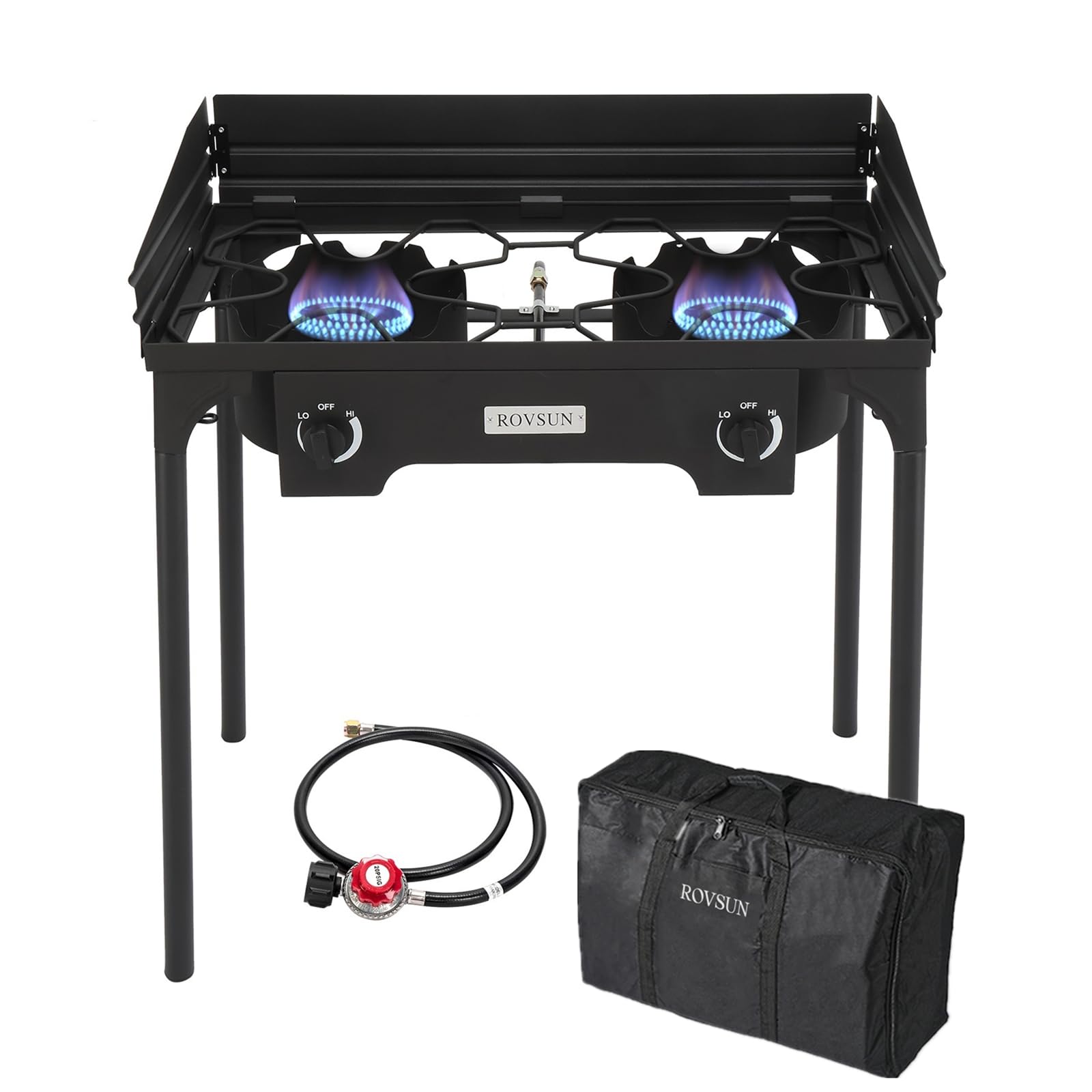 Rovsun 2 Burner Outdoor Camping Stove With Wind Panel & Carrying Bag, 150,000 Btu Propane Burner, Gas Cooker With Detachable Leg