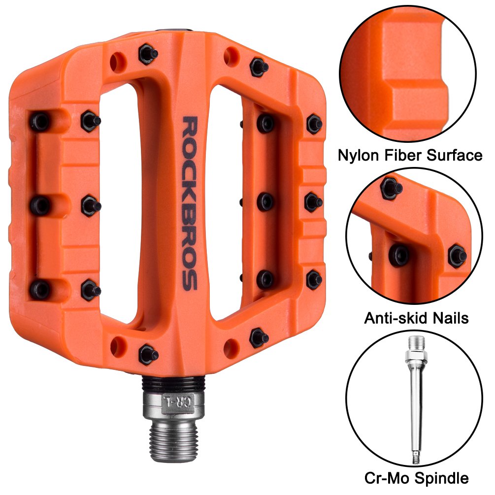 Rockbros Lightweight Mountain Bike Pedals Nylon Fiber Bicycle Platform Pedals For Bmx Mtb 9/16'' Orange