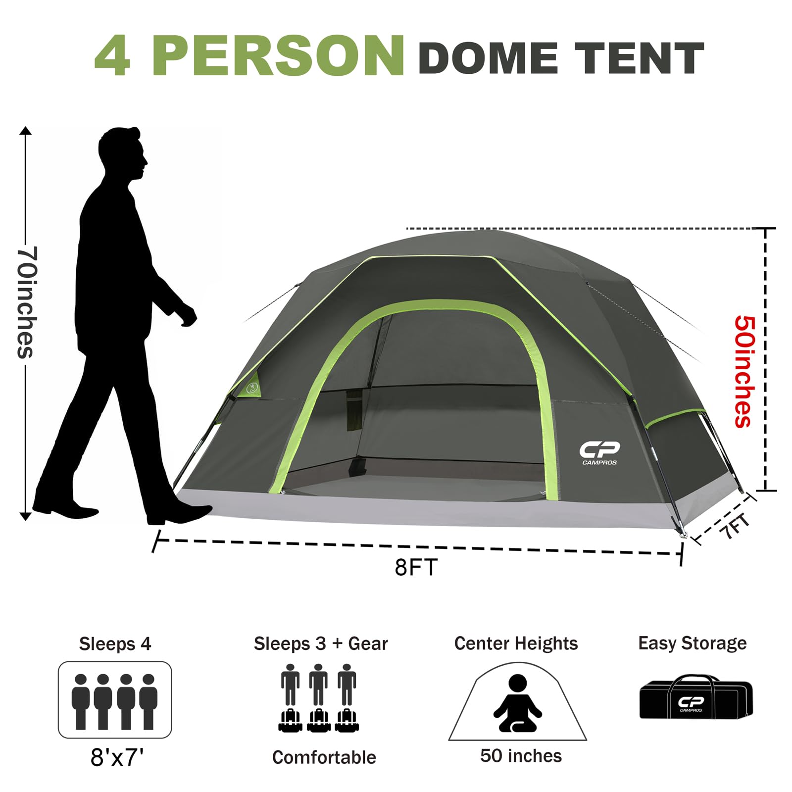 Campros Cp 4 Person Tent, Dome Tents For Camping With Rainfly, Waterproof Camping Tent Easy Set Up, Portable Family Tent With La