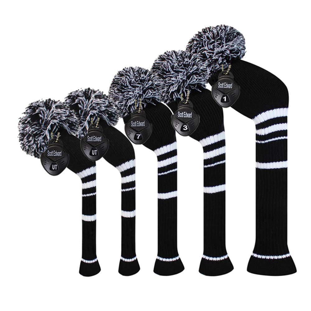 Black White Stripes Golf Headcover Set of 5 PCS, Driver Wood Cover *1, Fairway Wood Cover *2, Hybrid Cover * 2, with Rotating Nu