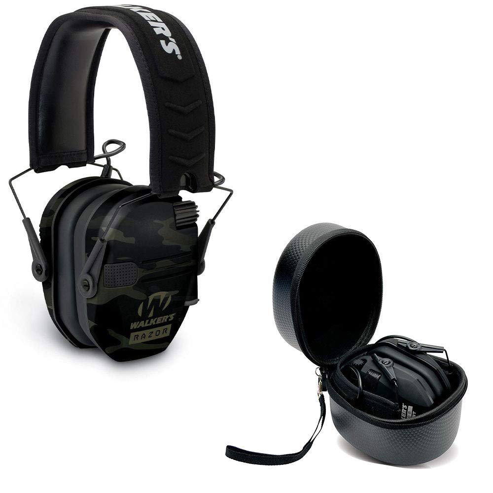 Walkers Razor Slim Shooter Multi-Camo Gray Electronic Hunting Folding Hearing Protection Earmuffs with 23dB NRR and Black Shockp